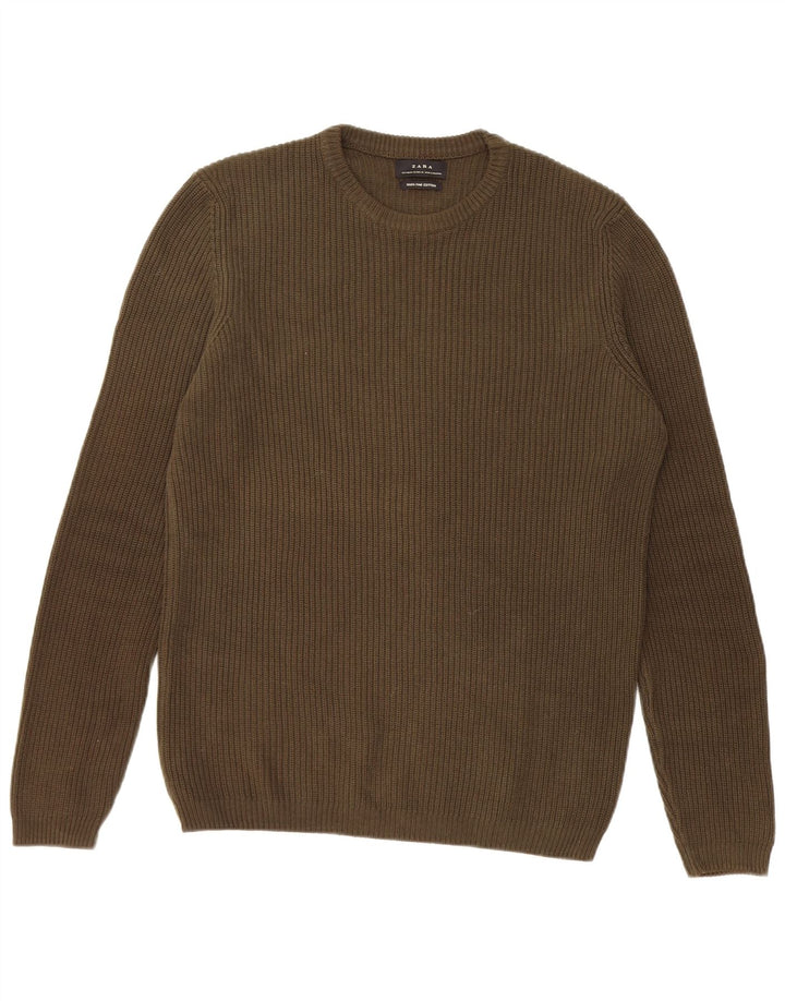 Zara Herren-Pullover mit Rundhalsausschnitt, mittlere Khaki-Baumwolle