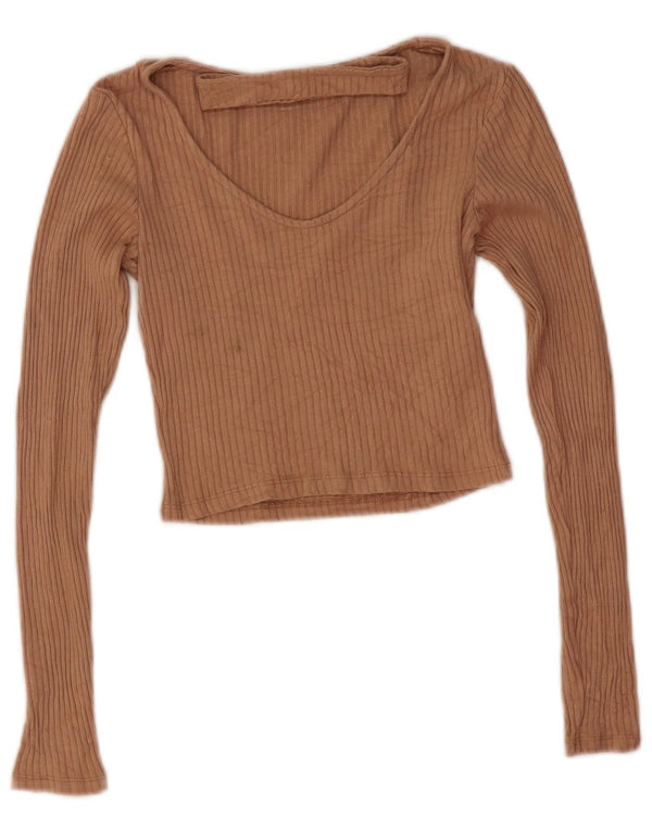 Topshop Damen Crop Top Langarm UK 6 XS Beige Viskose