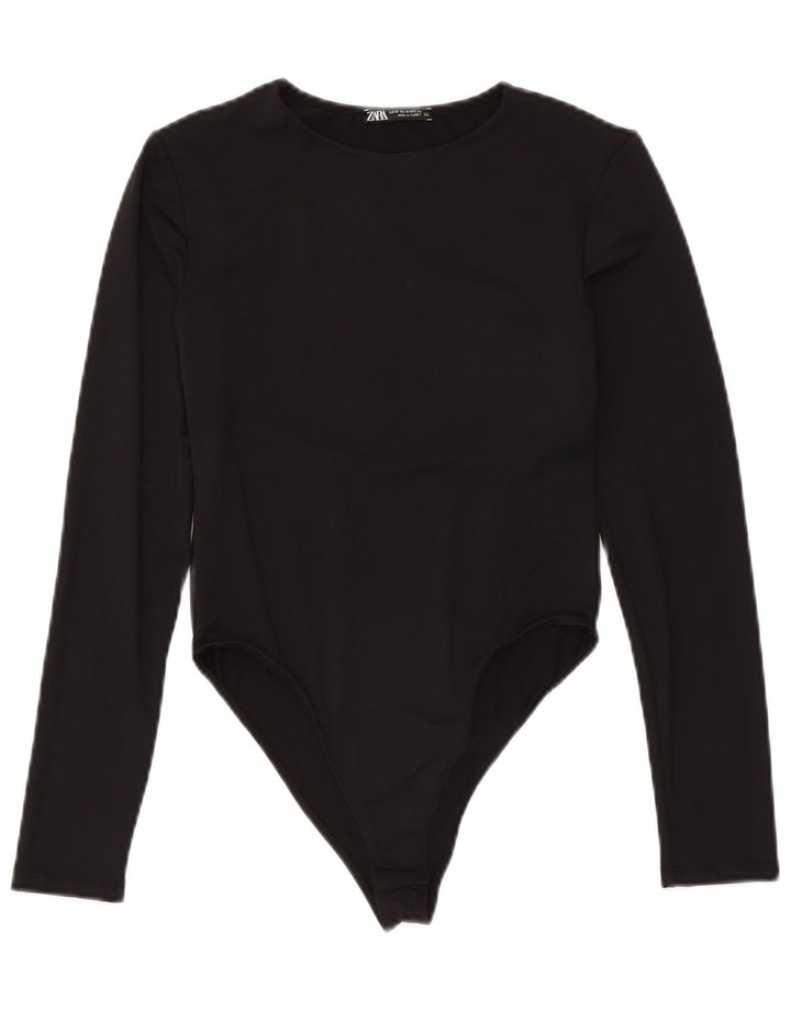Zara Damen Langarm-Body UK 12 Medium Schwarz Polyamid