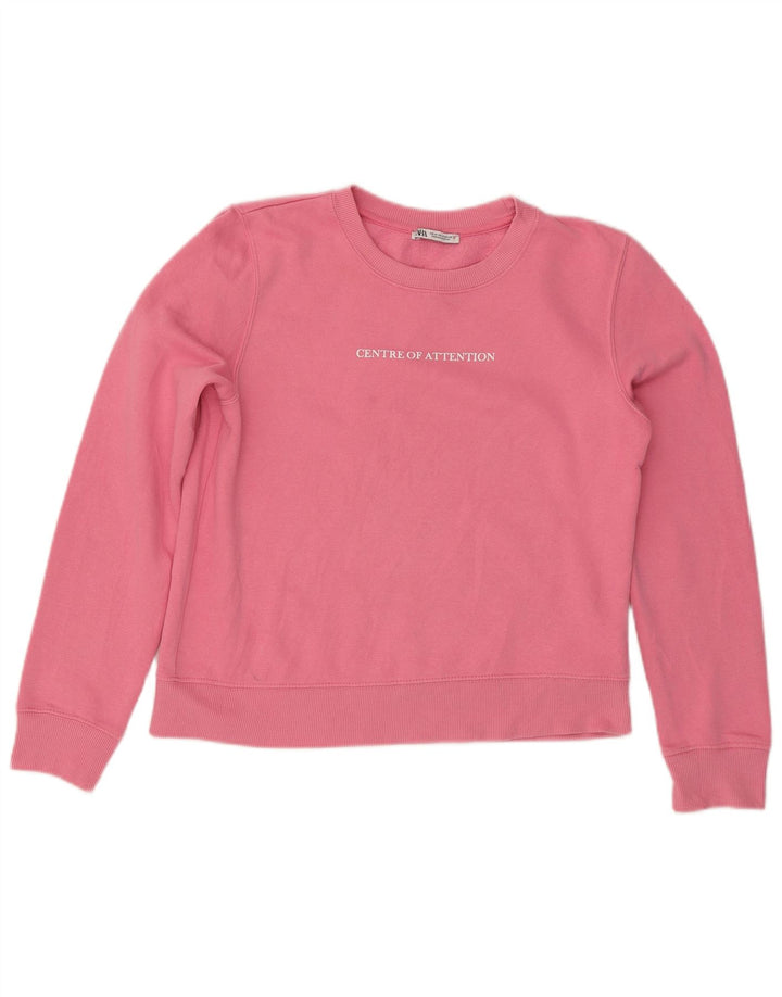 ZARA Damen Grafik-Sweatshirt-Pullover UK 14 Mittelrosa Baumwolle
