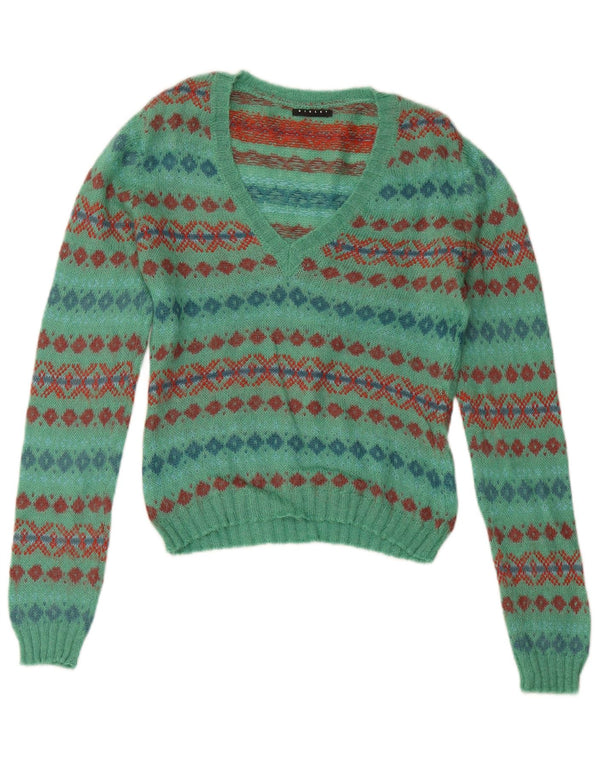 SISLEY Damen Pullover mit bauchfreiem V-Ausschnitt, UK 14, Mitteltürkis, Fair Isle