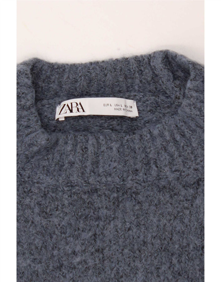 Zara Damen Crop Turtle Neck Pullover Pullover UK 16 Large Blau Polyester