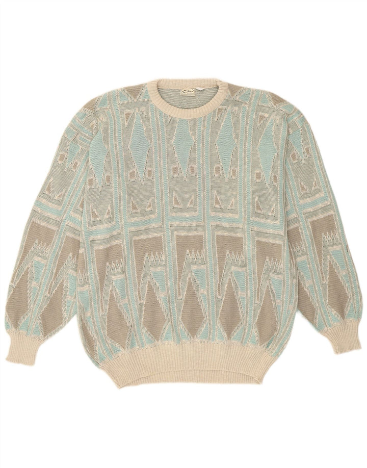 Taifun Herren-Pullover mit Rundhalsausschnitt, Mitteltürkis, geometrische Baumwolle