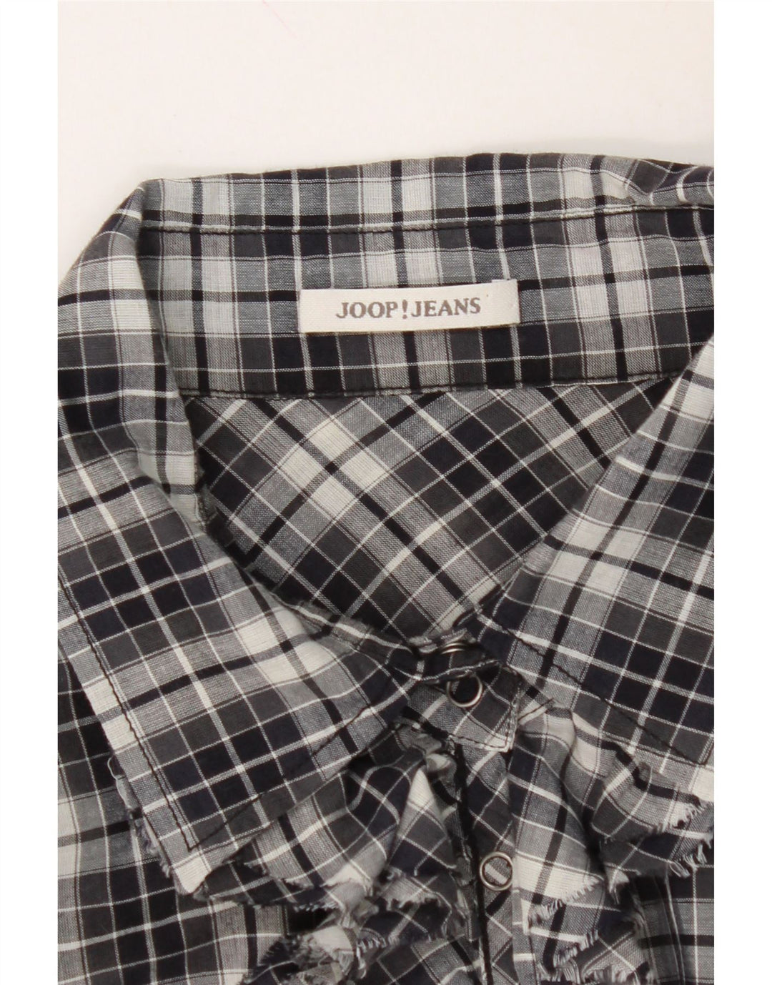 JOOP Womens Ruffle Front Shirt UK 14 Large Black Check Vintage Joop and Second-Hand Joop from Messina Hembry 