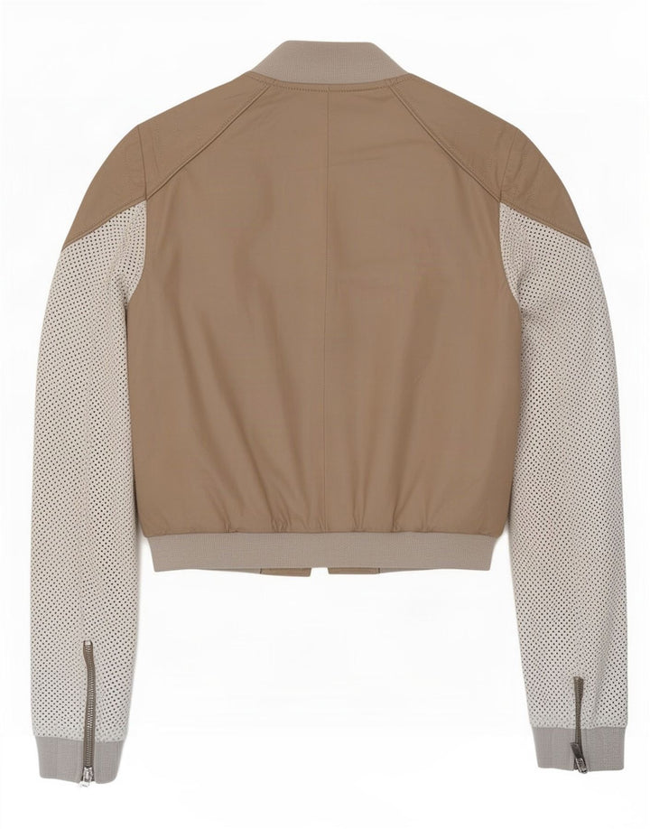 Vintage Damen Crop Lederjacke IT 40 Small Beige Colourblock