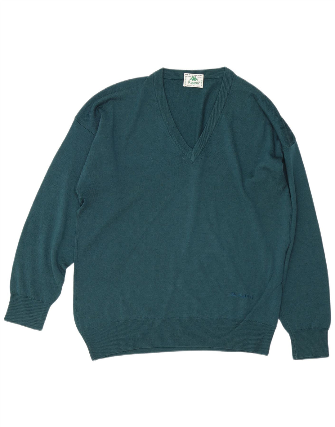 KAPPA Mens V-Neck Jumper Sweater Large Green Virgin Wool