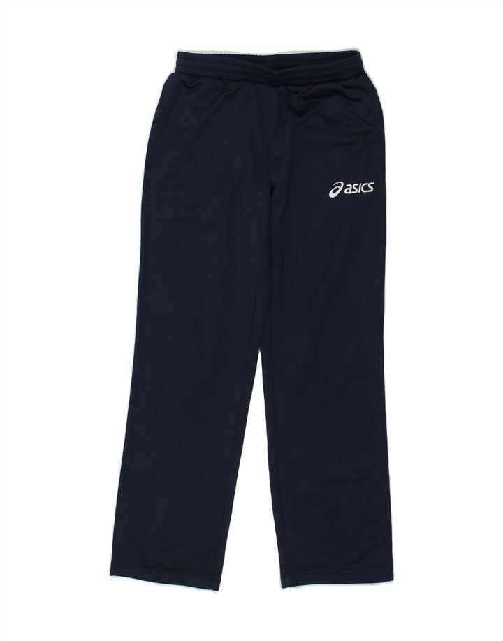 ASICS Boys Graphic Tracksuit Trousers 9-10 Years Navy Blue Polyester | Vintage Asics | Thrift | Second-Hand Asics | Used Clothing | Messina Hembry 