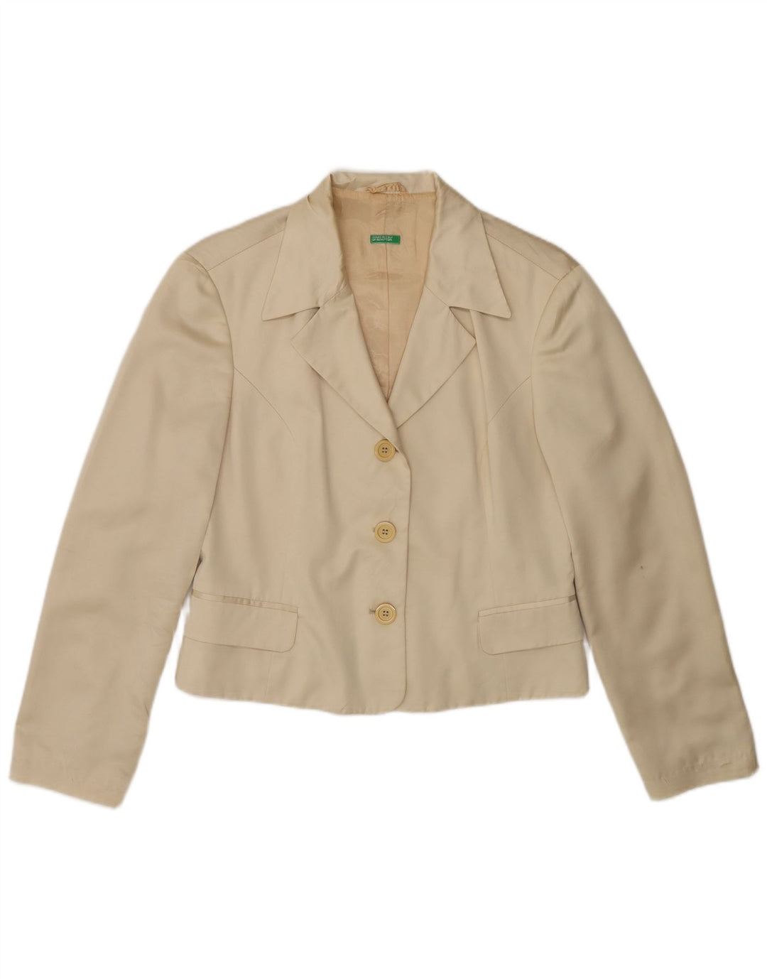 Benetton Womens Crop 3 Button Blazer Jacke IT 44 Medium Beige Polyester