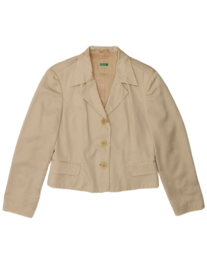 Benetton Womens Crop 3 Button Blazer Jacke IT 44 Medium Beige Polyester