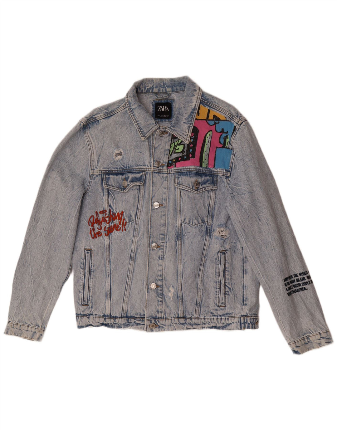 Zara Herren Distressed Graphic Jeansjacke UK 42 XL Blau