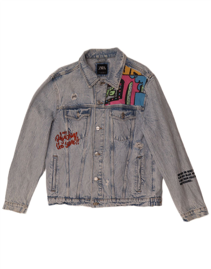 Zara Herren Distressed Graphic Jeansjacke UK 42 XL Blau