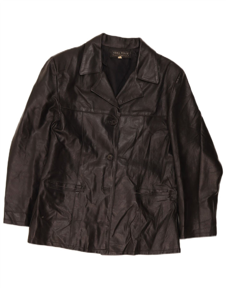 Vintage Damen Leder 3-Knopf-Blazerjacke UK 14 Medium Schwarz