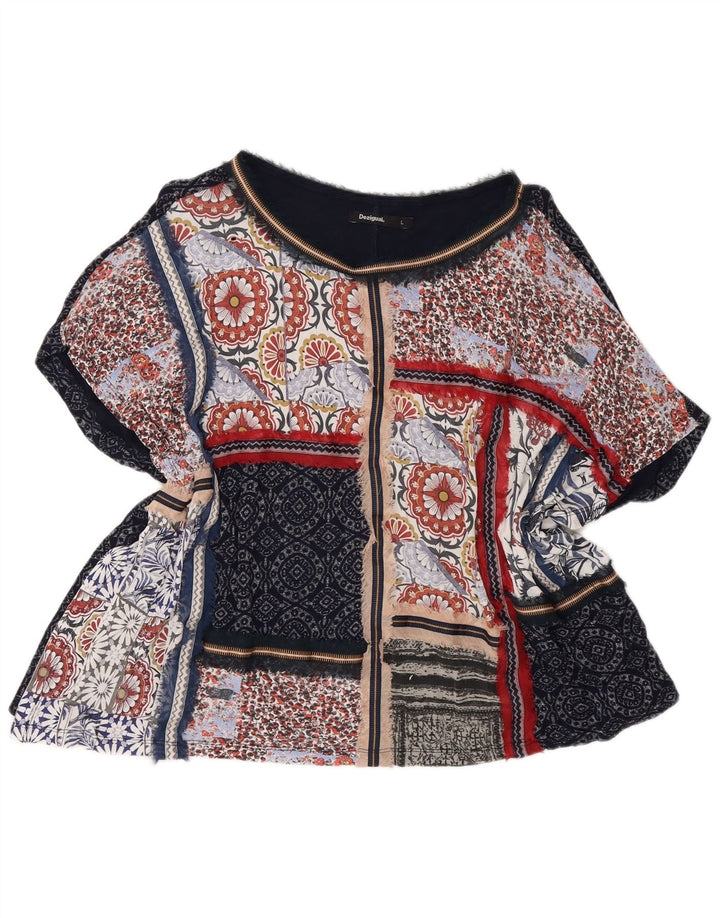 Desigual Damen Poncho-Blusenoberteil UK 14 Large Marineblau Patchwork Bohemian