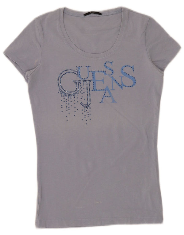 Guess Damen Grafik-T-Shirt-Oberteil UK 6 XS Blaue Baumwolle