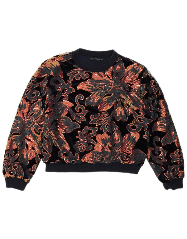 Zara Damen Crop Velour Sweatshirt Pullover UK 10 Small Marineblau mit Blumenmuster