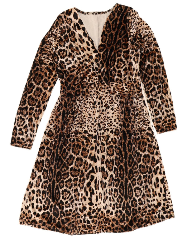 Vintage Damen A-Linie Kleid UK 10 Small Beige Animal Print Polyester