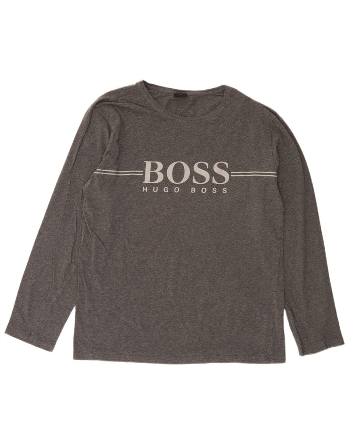 Hugo Boss Herren Grafik-Oberteil, langärmelig, mittelgraue Baumwolle