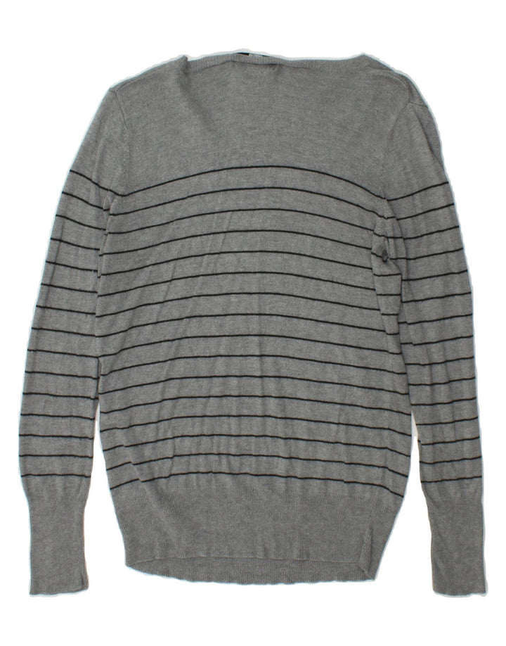MOSSIMO Womens V-Neck Jumper Sweater UK 14 Large Grey Striped Nylon Vintage Mossimo and Second-Hand Mossimo from Messina Hembry 