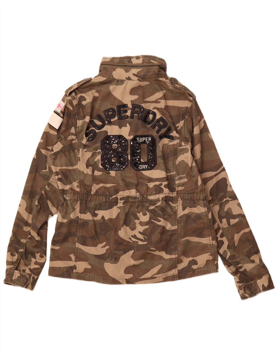 SUPERDRY Grafische Militärjacke für Damen, UK 16, Größe L, grüne Tarnung
