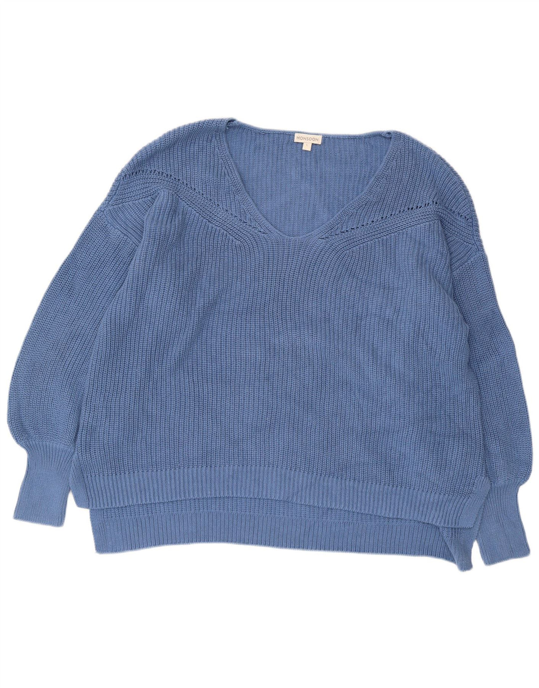 Monsoon Damen-Pullover mit V-Ausschnitt, übergroß, Größe 40, Größe L, Blau, Baumwolle