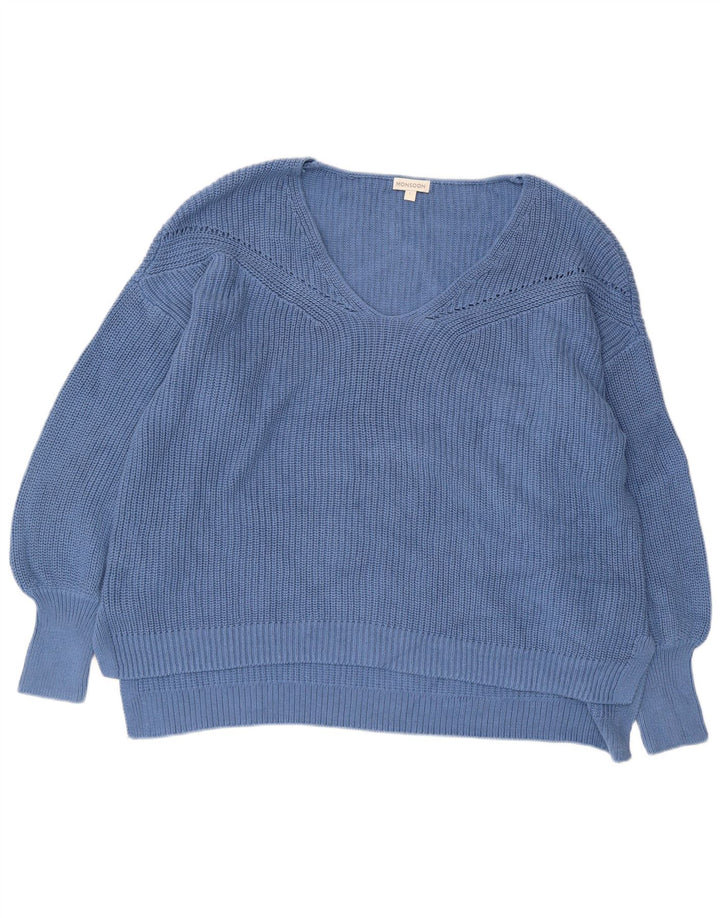 Monsoon Damen-Pullover mit V-Ausschnitt, übergroß, Größe 40, Größe L, Blau, Baumwolle