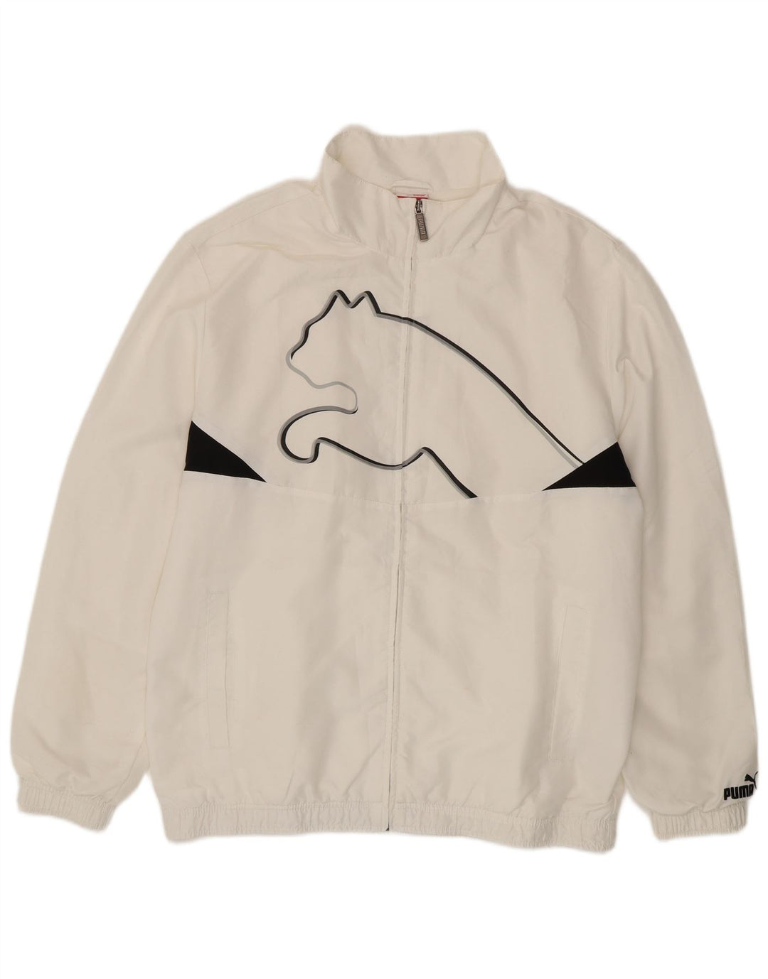 Puma Damen-Trainingsanzugoberteil mit Grafik, groß, weißes Farbblock-Polyester