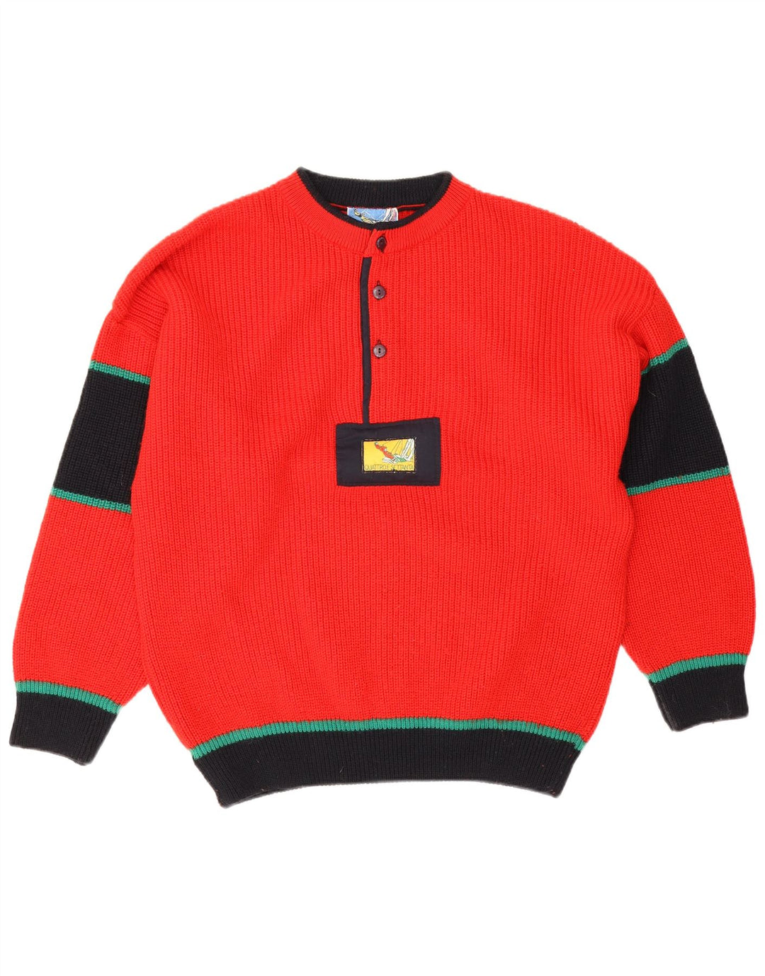 Vintage Herren Pullover mit Rundhalsausschnitt IT 50 Mittelrote Colourblock-Wolle