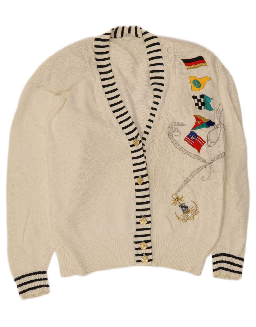 Vintage Damen Grafischer Cardigan Pullover EU 40/42 Mittelweiße Baumwolle