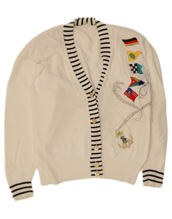 Vintage Damen Grafischer Cardigan Pullover EU 40/42 Mittelweiße Baumwolle