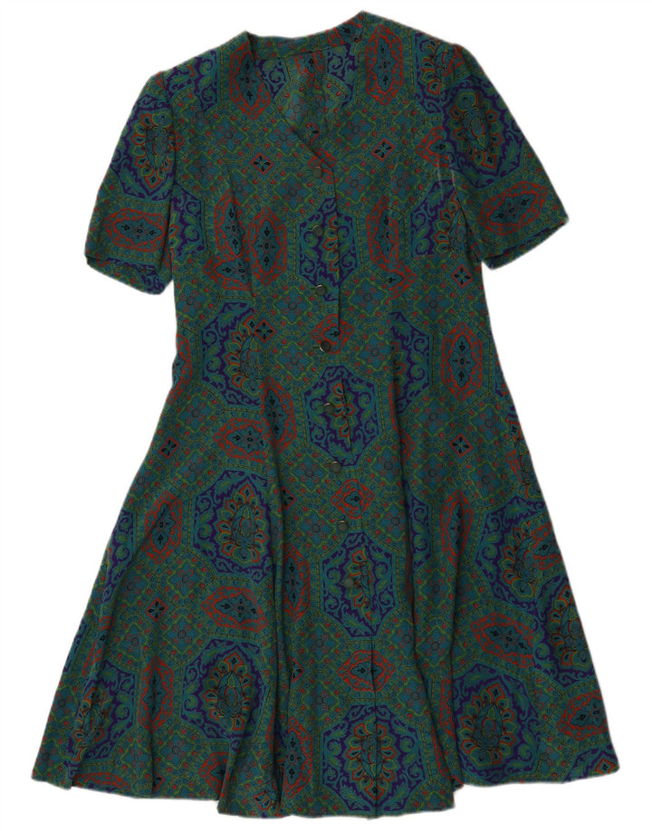 Vintage Damen A-Linie Kleid UK 14 Mittelgrün Geometrisch