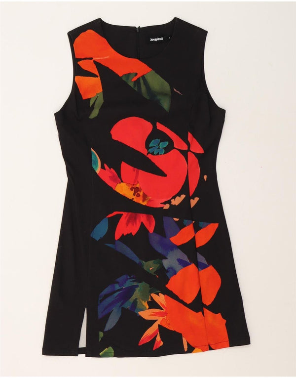 Desigual Damen Ärmelloses Etuikleid UK 14 Großes schwarzes Blumenmuster