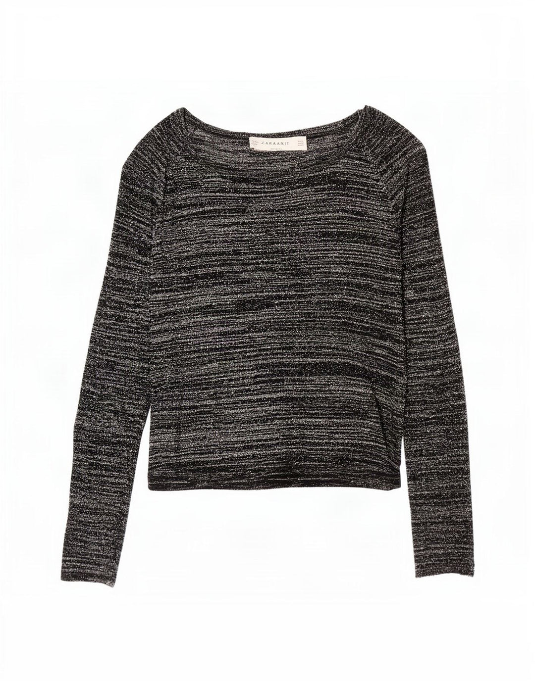 Zara Damen Top Langarm UK 12 Medium Schwarz Gestreiftes Acryl