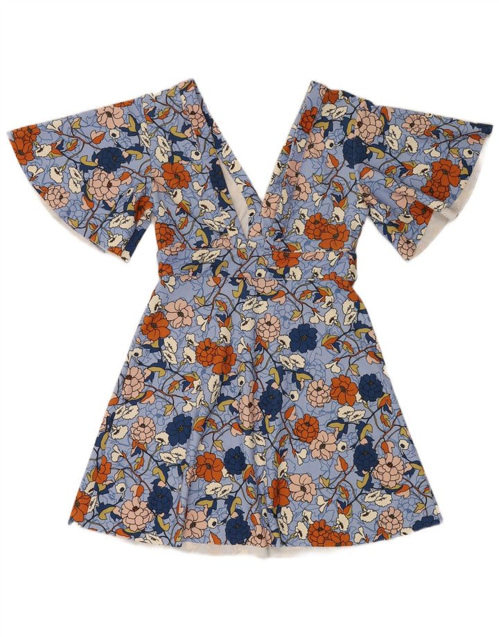 Zara Damen Fledermauskleid in A-Linie, UK 12, Mittelblau mit Blumenmuster