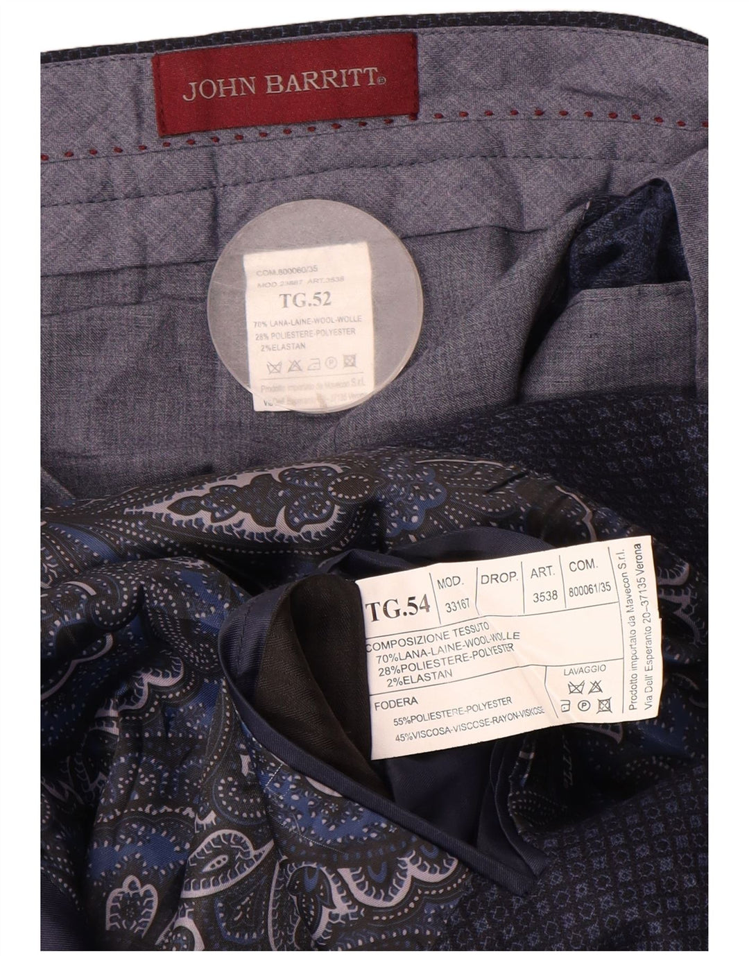 John Barritt Herren 2-teiliger Anzug IT 52/54 XL W36 L31 Marineblau Geometrisch