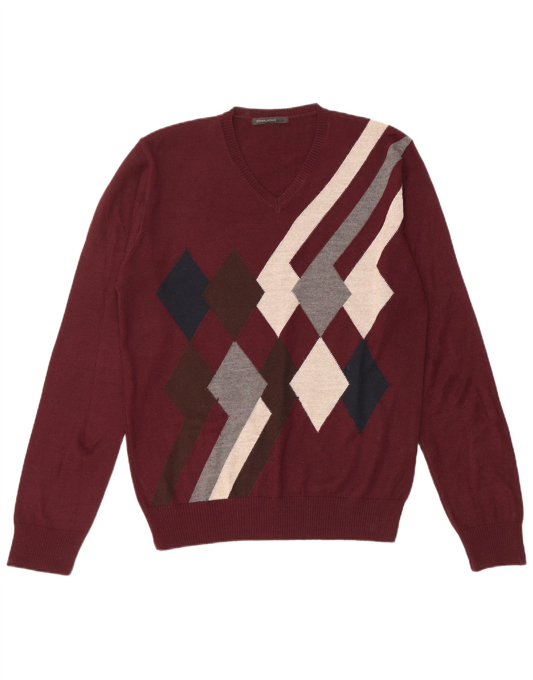 Sonny Bono Herren-Pullover mit V-Ausschnitt, mittleres Burgunderrot, Argyle-/Diamant-Wolle