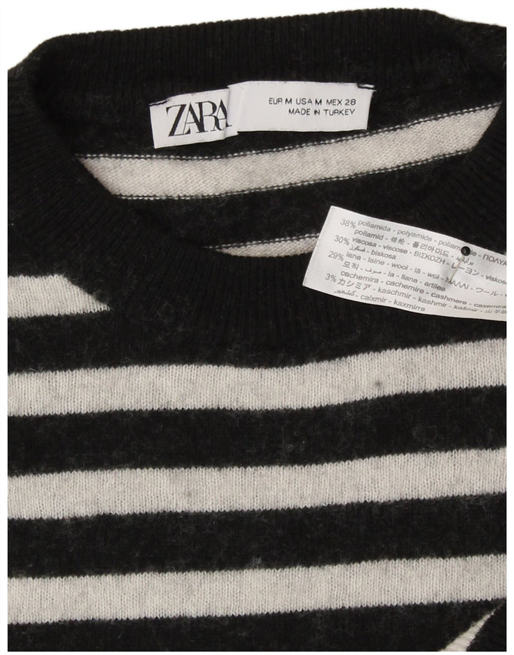 Zara Damen-Pullover mit Rundhalsausschnitt, Gr. 14, Mittelschwarz, gestreift, Polyamid