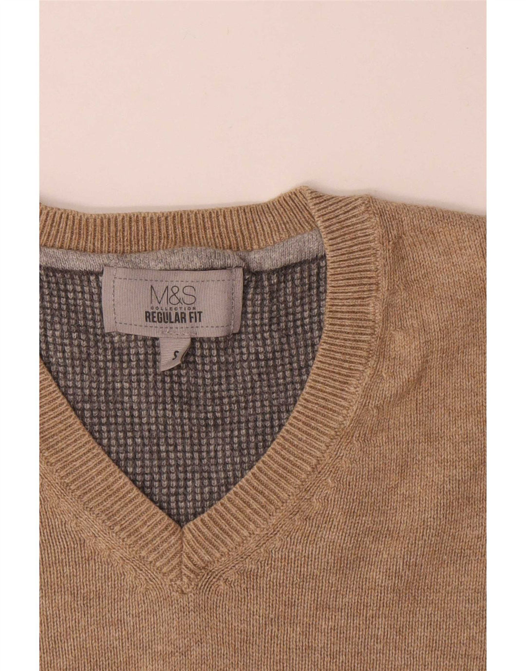 Marks & Spencer Herren-Pullover mit normaler Passform, V-Ausschnitt, Größe S, beige, Baumwolle