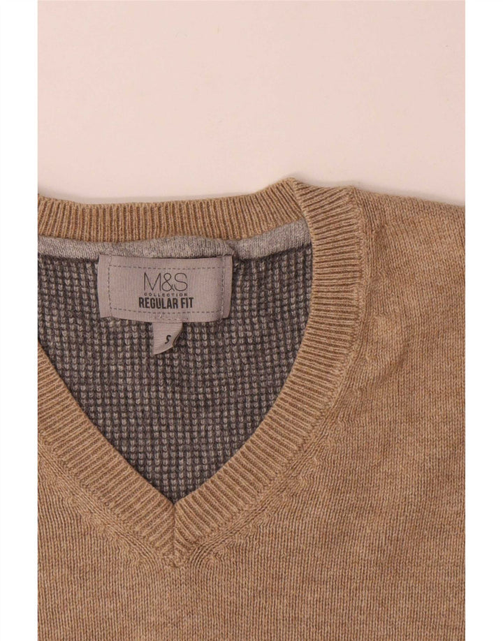 Marks & Spencer Herren-Pullover mit normaler Passform, V-Ausschnitt, Größe S, beige, Baumwolle