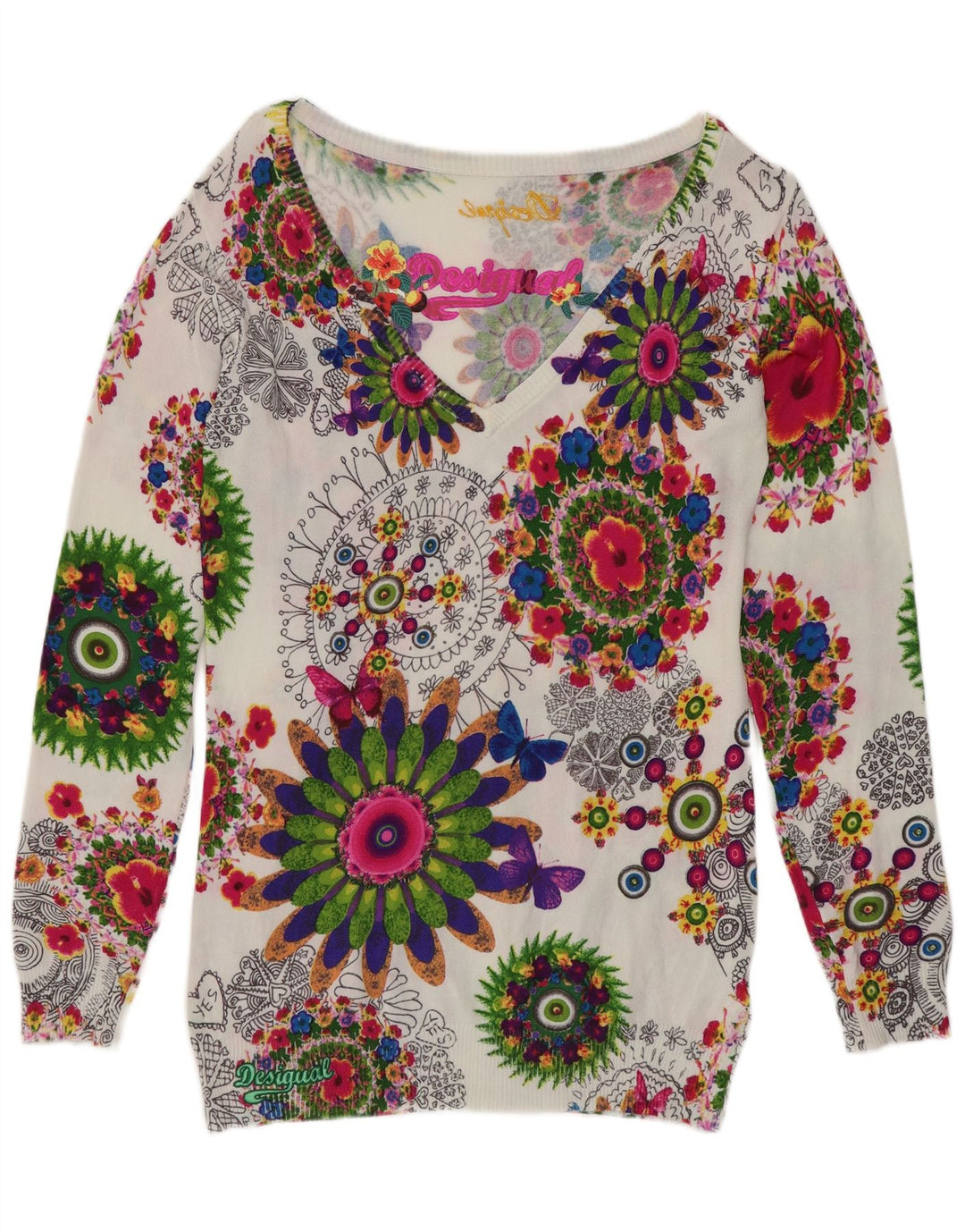 Desigual Damen-Pullover mit V-Ausschnitt, Gr. 12, mittelgroß, mehrfarbig, Blumenmuster