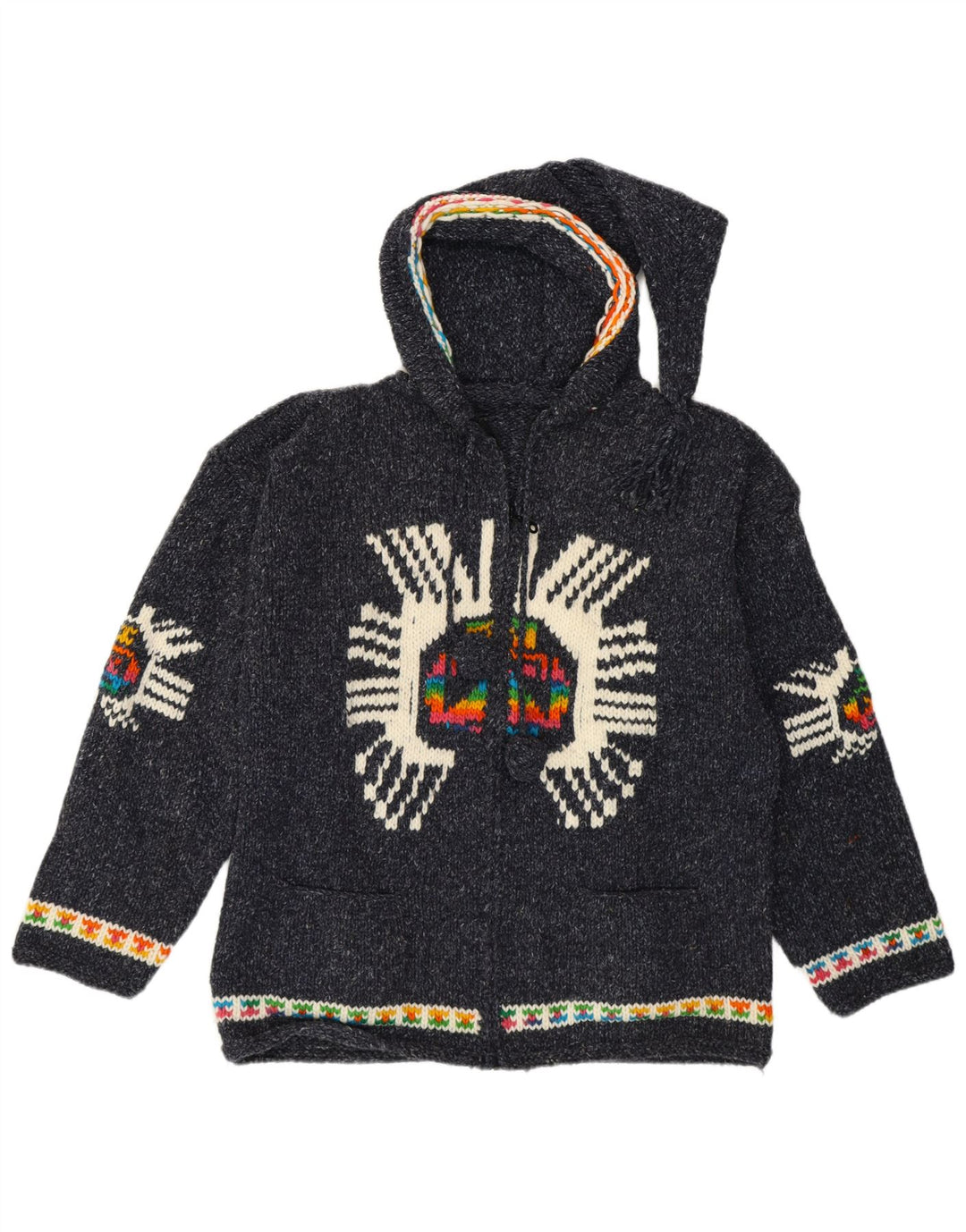 Vintage Damen Grafischer Cardigan Pullover UK 14 Mittel Marineblau Ethno