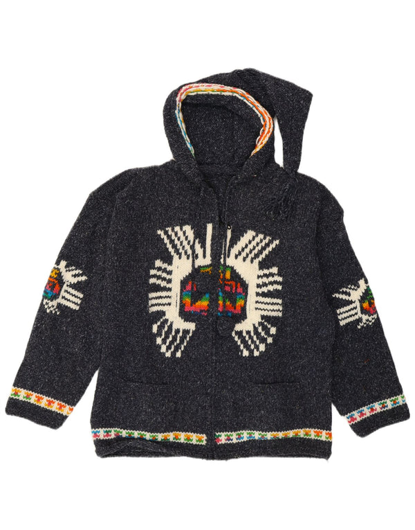 Vintage Damen Grafischer Cardigan Pullover UK 14 Mittel Marineblau Ethno