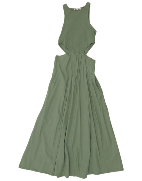 Zara Damen Maxikleid mit Cut-Outs, ärmellos, Größe S, Grün, Baumwolle