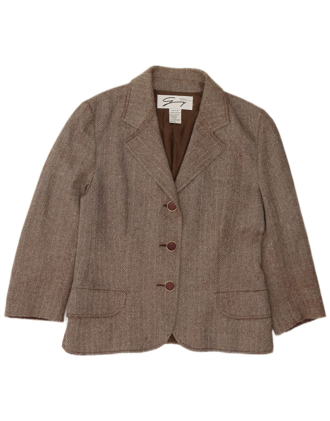 Genny Damen-Blazerjacke mit 3 Knöpfen, Gr. 16, Braun, Wolle mit Fischgrätenmuster