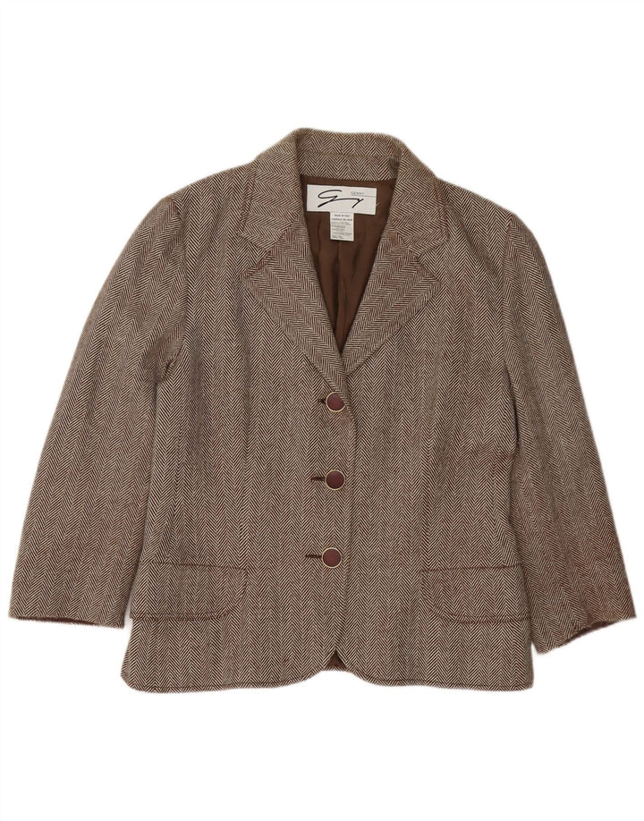 Genny Damen-Blazerjacke mit 3 Knöpfen, Gr. 16, Braun, Wolle mit Fischgrätenmuster