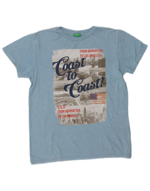 Benetton Damen Grafik-T-Shirt-Oberteil UK 14 Mittelblau