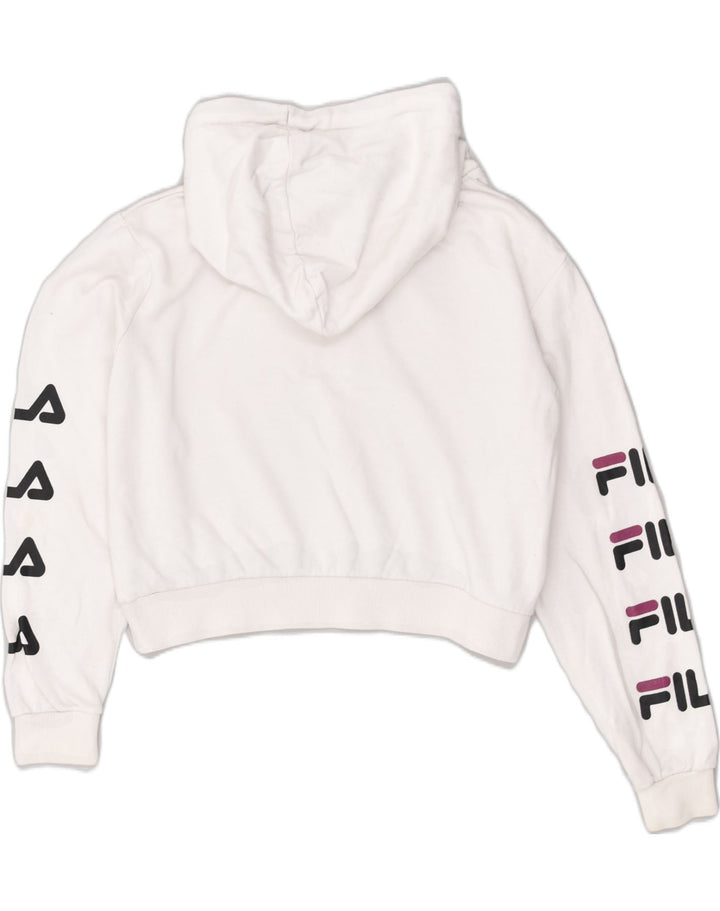 FILA Womens Crop Graphic Hoodie Jumper UK 12 Medium White Cotton | Vintage Fila | Thrift | Second-Hand Fila | Used Clothing | Messina Hembry 