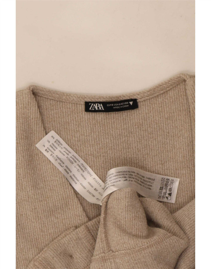 Zara Damen Crop Cardigan Top UK 10 Small Beige Polyester