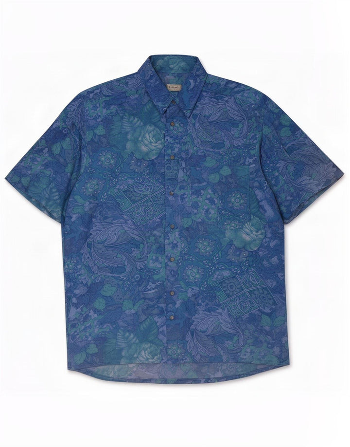 B.W. Moss Herren Kurzarmhemd Größe 38/40 Mittelblau geblümt