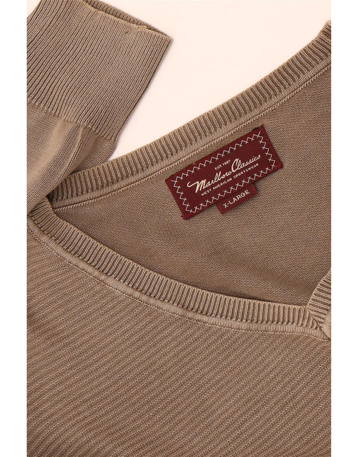 Marlboro Classics Herren-Pullover mit V-Ausschnitt, XL, Khaki, gestreift