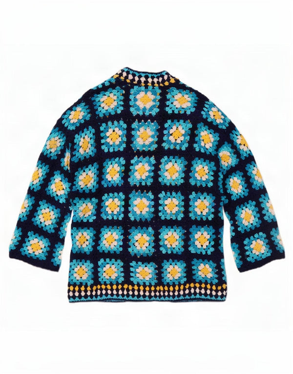 Vintage Damen Häkel-Cardigan-Pullover UK 14 Großes blaues Blumenmuster
